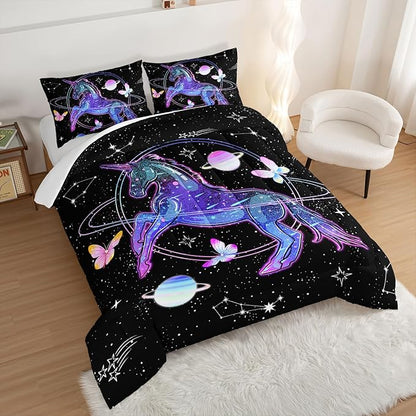 HOSIMA Unicorn Bedding Sets for Girls Kids,Butterfly Star Empty Galaxy Comforter,Unicorn Bedroom Decor for Girls Boys,Soft Microfiber Black King Size Comforter Set,Butterfly Crib Bedding Set. - LeafyLoom