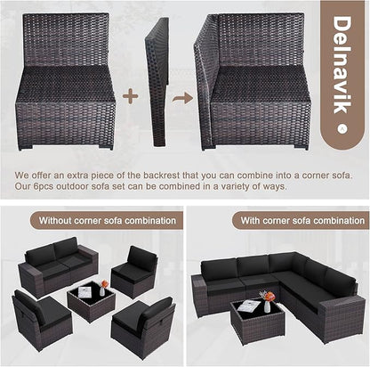 Patio Furniture Set Sofa 6-Pieces Wicker Sectional Sofa Set, Outdoor Furniture Rattan Patio Conversation Set with Thickened Cushion and Glass Coffee Table, Black - LeafyLoom