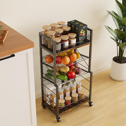 4-Tier Rolling Storage Cart Organizer with 2 Mesh Sliding Trays, Can,Drink,Snack Organizer Shelves, Retro Utility Cart on Lockable Wheels for Kitchen,Bathroom,Study,Pantry - LeafyLoom