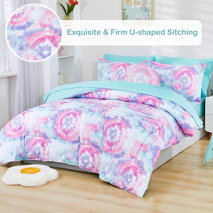 Mooreeke Tie Dye Kids Comforter Bed Set Twin Size for Girls, 6 Pieces Bed in a Bag with Shams, Sheet Set, A Toy Pillow Dark Pink Round Flower Twin Soft Microfiber Kids Comforter Bedding Set - LeafyLoom