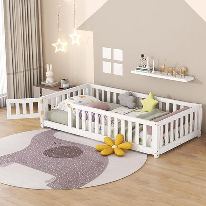 Multifunctional Twin Size Floor Bed with Safety Guardrails and Door, Removable Wood Slats, Montessori Beds Frame for Toddlers, for Boys and Girls, White - LeafyLoom