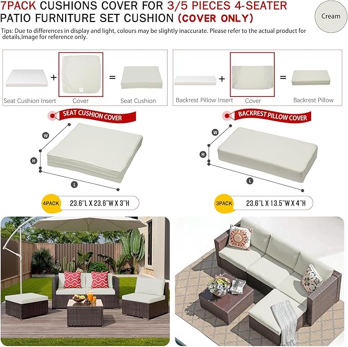 ClawsCover 7Pack Outdoor Seat and Back Cushions Replacement Covers Fit for 3/5 Pieces 4-Seater Wicker Rattan Patio Furniture Conversation Set Sectional Couch,Cream-Small (Include Cover Only) - LeafyLoom