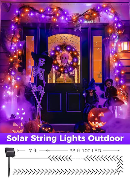 Minetom 2 Pack Solar Halloween Lights Outdoor, Total 80FT 200 LED Halloween String Lights with 8 Mode,Halloween Decoration Outdoor, Waterproof Solar String Lights for Outside Tree Yard,Orange & Purple Minetom