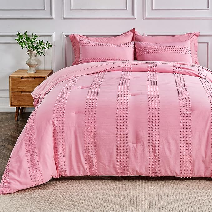 ENJOHOS King Size Comforter Set with Sheets 7 Pieces - Pink King Comforter Set, King Bed in a Bag Set, Boho Tufted Bedding Set with Pom Pom Design, Lightweight Soft Microfiber Comforter Bed Set - LeafyLoom