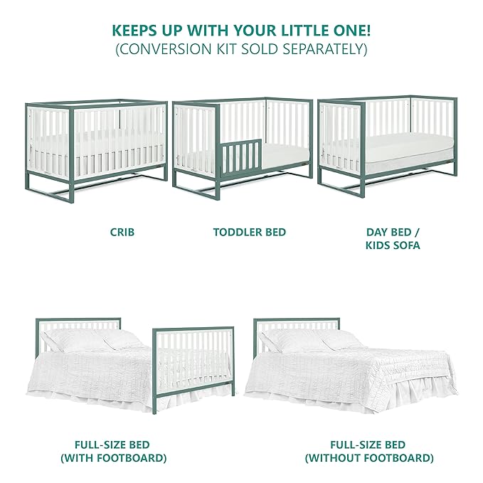 Arlo 5-in-1 Convertible Crib in Jungle Green, JPMA Certified, 3 Mattress Height Settings, Non-Toxic Finish, Made of Sustainable and Sturdy Pinewood - LeafyLoom