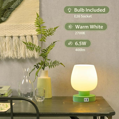 Touch Bedside Table Lamp with USB Charging - Modern Green Small Lamp for Bedroom Living Room Nightstand, Desk lamp with Glass Lamp Shade, Warm LED Bulb Included, 3 Way Dimmable, Simple Design - LeafyLoom