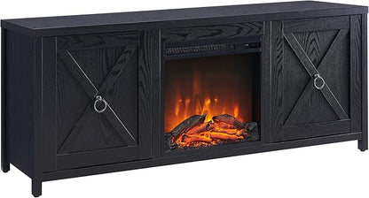 Henn&Hart Rectangular TV Stand with Log Fireplace for TV's up to 65" in Black, Electric Fireplace TV Stands for the Living Room - LeafyLoom