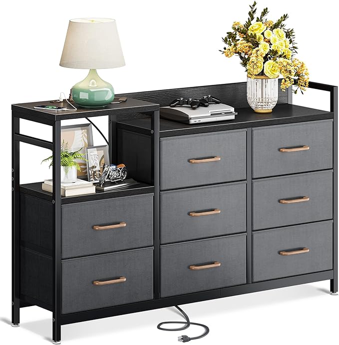 ODK Dresser with Charging Station, 52-Inch Long Dresser TV Stand for Bedroom, Large Dresser with 8 Storage Drawers, Chest of Drawers Easy-Pull Fabric Dressers for Living Room, Black and Dark Grey - LeafyLoom