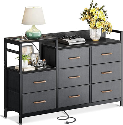 ODK Dresser with Charging Station, 52-Inch Long Dresser TV Stand for Bedroom, Large Dresser with 8 Storage Drawers, Chest of Drawers Easy-Pull Fabric Dressers for Living Room, Black and Dark Grey - LeafyLoom