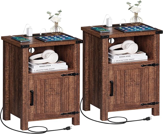 Night Stand Set of 2, 18 Inch Farmhouse Nightstand with with Charging Station and USB Port, Rustic Wood Bedside Table with Magnetic Door, Bed Side Tables for Bedroom, Reclaimed Barnwood - LeafyLoom