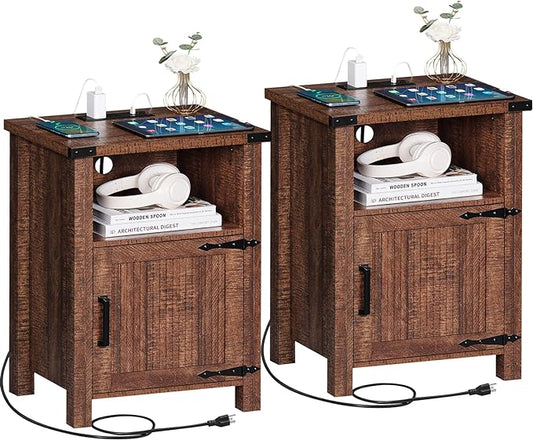 Night Stand Set of 2, 18 Inch Farmhouse Nightstand with with Charging Station and USB Port, Rustic Wood Bedside Table with Magnetic Door, Bed Side Tables for Bedroom, Reclaimed Barnwood - LeafyLoom