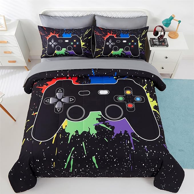 KAKKI 4 Piece Boys Twin Gamer Comforter Set with Sheets, 3D Colorful Video Game Controller Comforter for Kids Teen, All Season Soft Microfiber Gaming Bedding Set(Black,Twin) - LeafyLoom