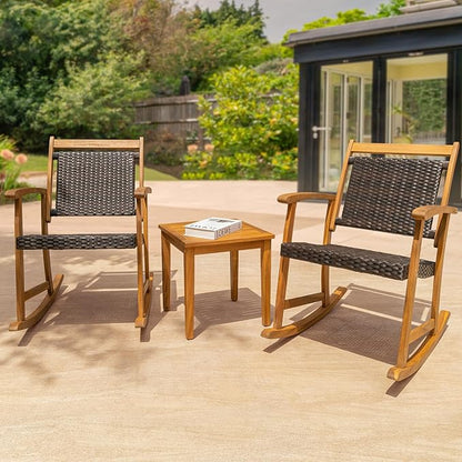 Solid Wood Chairs Set of 2 with End Table, Wicker Rocking Design - LeafyLoom