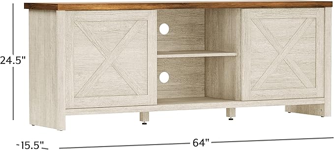 Hillsdale Columbus Wood Entertainment Console, 64 Inch, White Oak with Walnut Top - LeafyLoom