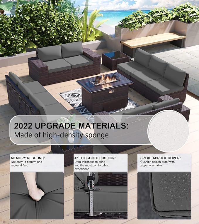 Kullavik 13 Pieces Outdoor Patio Furniture Set with 43" 55000BTU Gas Propane Fire Pit Table PE Wicker Rattan Sectional Sofa Patio Conversation Sets,Grey - LeafyLoom