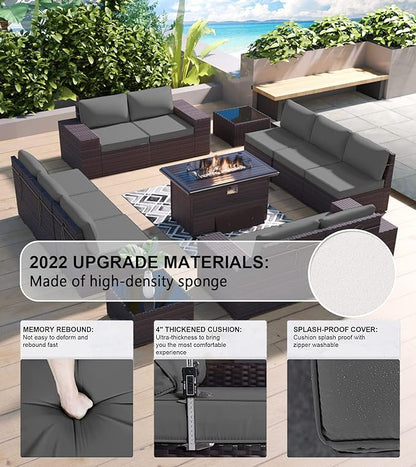 Kullavik 13 Pieces Outdoor Patio Furniture Set with 43" 55000BTU Gas Propane Fire Pit Table PE Wicker Rattan Sectional Sofa Patio Conversation Sets,Grey - LeafyLoom