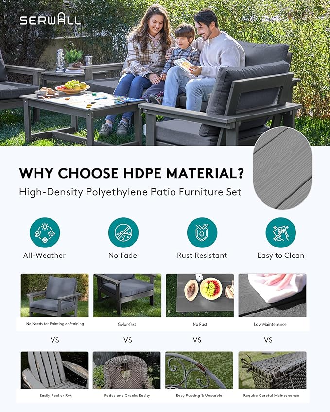 SERWALL HDPE Patio Coversation Set, 7-piece Outdoor Sectional Sofa Set, All Weather Patio Couch Set Patio Furniture for Balcony, Deck, Grey Frame with Grey Cushion - LeafyLoom