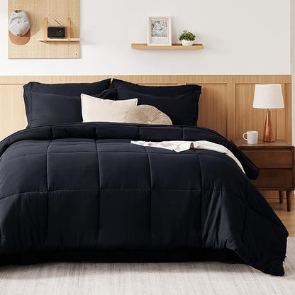 Bedsure Black Full Bed Set - 7 Pieces Solid Full Size Comforter Set, Full Bedding Set Black with Quilted Warm Fluffy Comforters, Sheets, Pillowcases & Shams - LeafyLoom