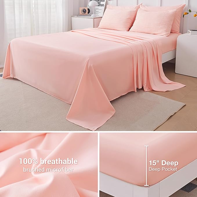 8 Piece Woven Texture Pink Comforter Set Queen, Bed in a Bag Bedding Sets Queen with Comforter and Sheets, Soft Lightweight Comforter Set with Deocor Throw Pillow, Pink - LeafyLoom