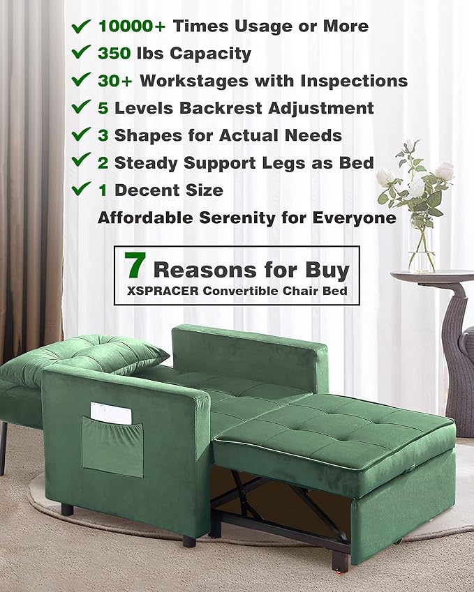 XSPRACER [UPDATED] Convertible Chair Bed, Sleeper Chair Bed 3 in 1, Stepless Adjustable Backrest,Armchair, Sofa, Bed, Flannel, Dark Green, Single One - LeafyLoom