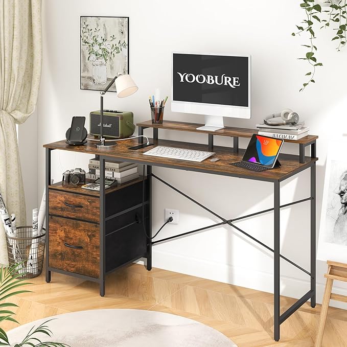 Yoobure Computer Desk, Office Desk with LED Lights & Power Outlets, Gaming Desk with Fabric File Cabinet, 55.1" Home Office Desks， Writing Desk with Drawers, Computer Table with Long Monitor Stand - LeafyLoom