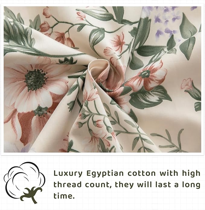 QSH Floral Egyptian Cotton Sheets King Size - Pink Flowers Green Leaves Pattern Printed Bedding King Size Bed Sheets 17.5" Extra Deep Pocket 4pcs - LeafyLoom