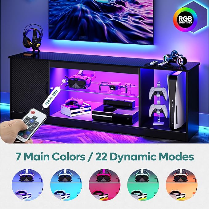 Bestier LED TV Stand for 55/60/65 Inch TV, Gaming Entertainment Center with Cabinet for PS5, Modern TV Cabinet with Adjustable Glass Shelves for Living Room, Bedroom 58 Inch,Black - LeafyLoom