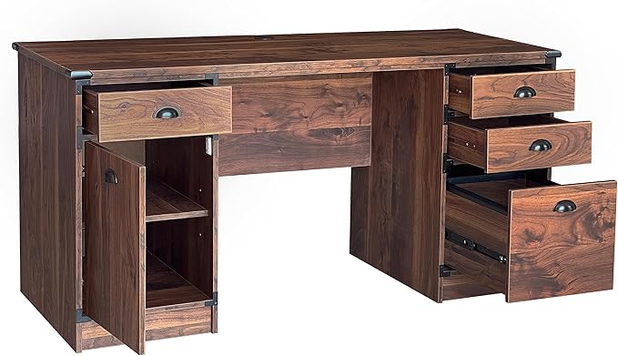 Modern Executive Desk, 59" Vintage Farmhouse Study Writing Desk with Storage Drawers, Industrial Wood Computer Manager's Desk with Knee Space for Home Office, Walnut - LeafyLoom