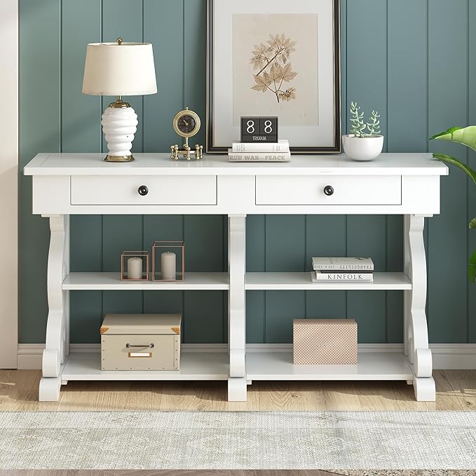 Retro Console Table with Ample Storage,Wood Sideboard Frame,W/Open Adjustable Shelves and 2 Drawers,Buffet Cabinet for Entrance Dinning Living Room,Antique White, 54.1" - LeafyLoom