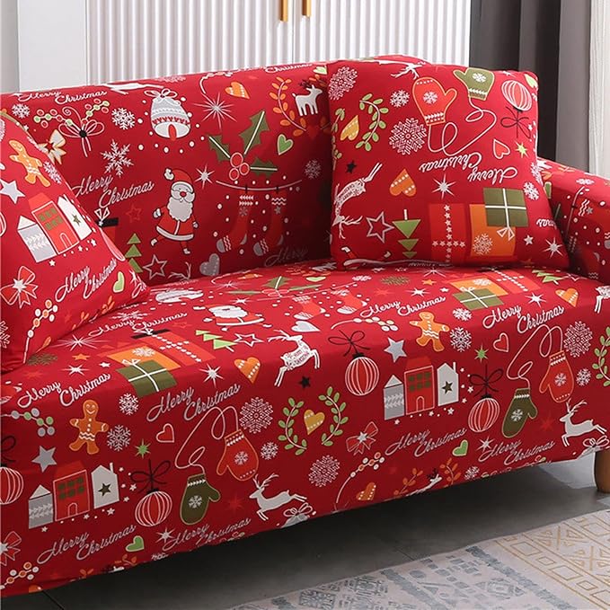 Mybedsoul Christmas Printed Sofa Cover Santa Claus Elastic Couch Cover Machine Washable Christmas Theme Red Sofa Slipcover for Living Room(3 Seater) Mybedsoul