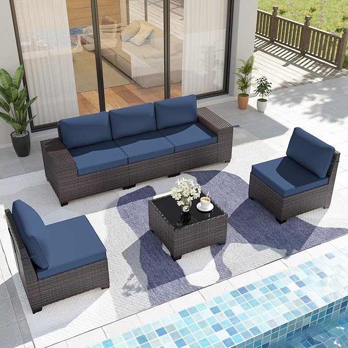 Patio Furniture Set Sofa 6pcs Wicker Sectional Sofa Set, Outdoor Furniture Rattan Patio Conversation Set with Thickened Cushions and Glass Coffee Table, Dark Blue - LeafyLoom