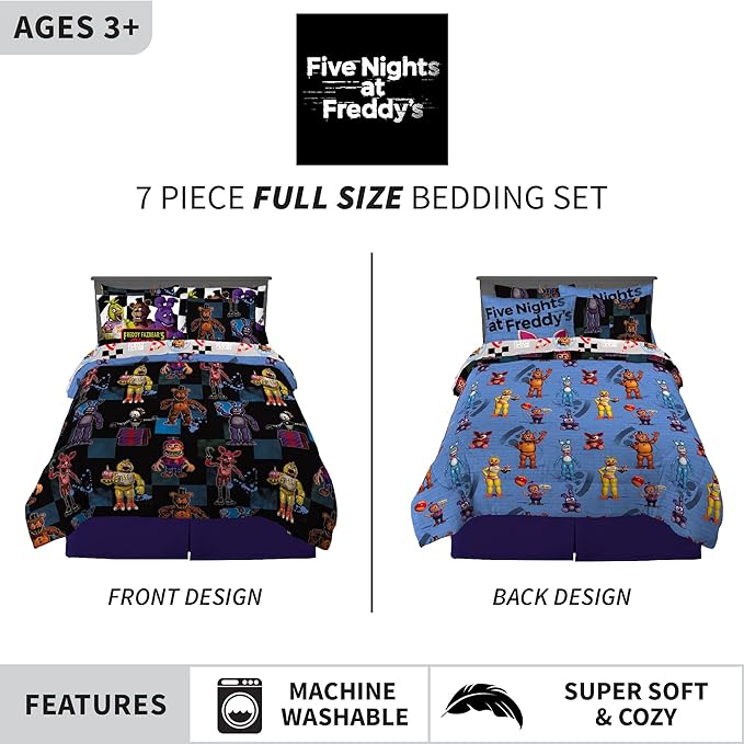 Franco Kids Bedding Super Soft Comforter and Sheet Set with Sham, 7 Piece Full Size, Five Nights At Freddy's - LeafyLoom