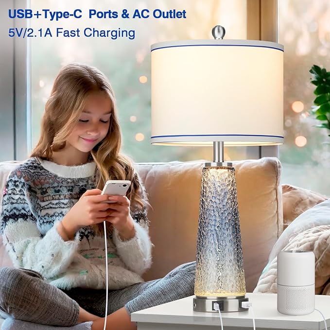 Glass Table Lamps for Living Room, 26" Modern Table Lamps with USB A+C Ports & AC Outlet, Touch Control Bedside Nightstand Lamp with Crystal Night Light for End Table Office Desk Blue(Bulbs Included) - LeafyLoom