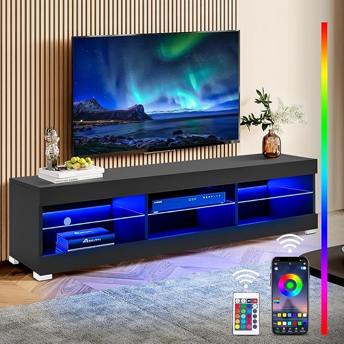 HOMMPA LED TV Stand with LED Lights for 65 inch TV Modern Entertainment Center with Storage 57" Black TV Console with Glass Shelves for Living Room 15" Tall - LeafyLoom