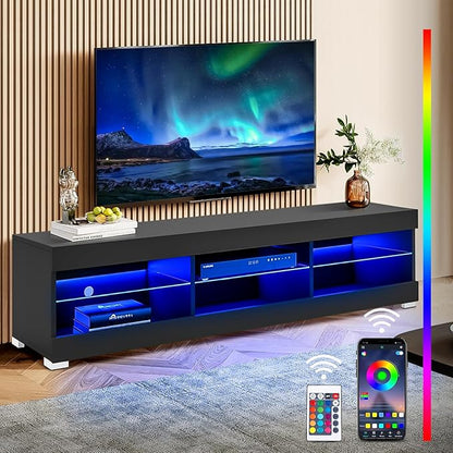 HOMMPA LED TV Stand with LED Lights for 65 inch TV Modern Entertainment Center with Storage 57" Black TV Console with Glass Shelves for Living Room 15" Tall - LeafyLoom