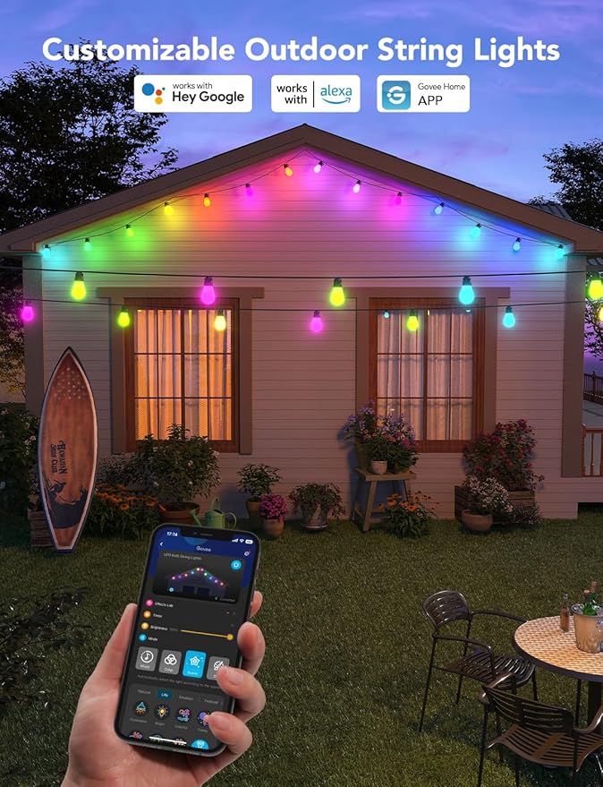 Govee Smart Outdoor String Lights H7020, RGBIC Warm White 48ft LED Bulbs for Halloween Decorations, Christmas, WiFi Patio Lights Work with Alexa, Google Assistant, APP Control, IP65 Waterproof Govee