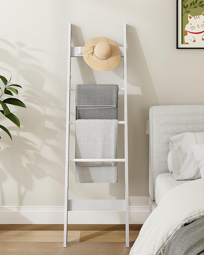 Blanket Ladder Shelf for Living Room, Decorative Wood Quilt Rack with 4 Removable Hooks, 5-Tier Farmhouse Ladder Holder Organizer for Bedroom, White BR02113W - LeafyLoom