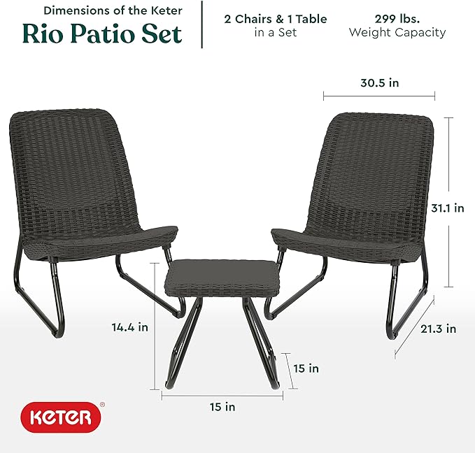 Keter Rio 3 Piece Resin Wicker Patio Furniture Set with Side Table and Outdoor Chairs, Dark Grey - LeafyLoom