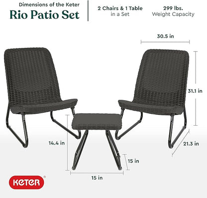 Keter Rio 3 Piece Resin Wicker Patio Furniture Set with Side Table and Outdoor Chairs, Dark Grey - LeafyLoom