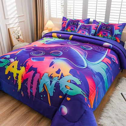 Aimuan Gaming Comforter Sets for Boys Kids Bedding Sets Video Games Console Action Buttons Novelty Colorful Game Gamepad Controller Modern Gamer Room Decor Home Quilt Set (Twin 6 Pcs,Purple) - LeafyLoom