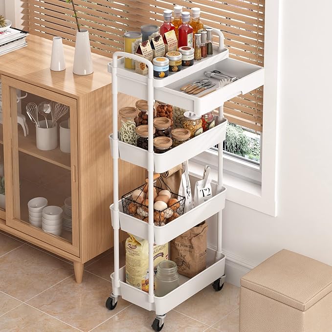 4-Tier Rolling Cart，Trolley with Drawer, Kitchen Storage Organizer with Plastic Shelf & Metal Wheels, Storage Cart for Living Room, Kitchen, Office, Bathroom, White - LeafyLoom