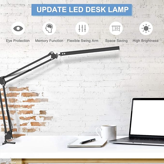 LED Desk Lamp,Adjustable Swing Arm Desk Lamp with Clamp,Dimmable Desk Light Eye-Care Table Light, Memory Function, 3 Color Modes, 10-Level Brightness Table Lamp for Home, Office, Study, Reading - LeafyLoom