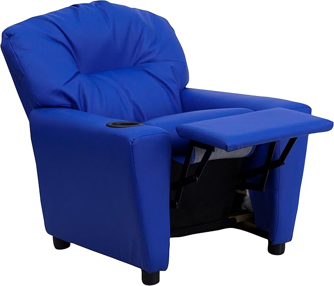 Flash Furniture Chandler Vinyl Kids Recliner with Cup Holder and Safety Recline, Contemporary Reclining Chair for Kids, Supports up to 90 lbs., Blue - LeafyLoom