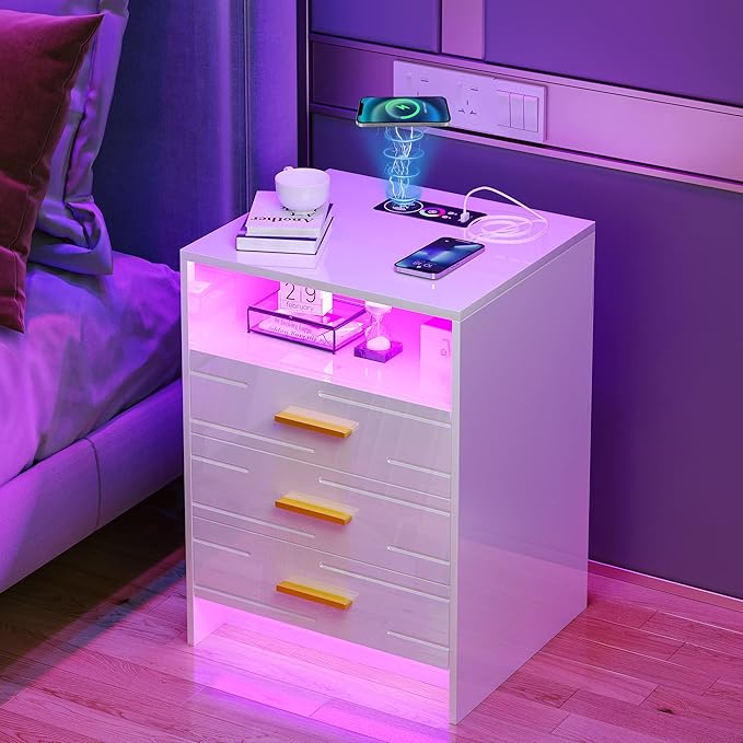 HNEBC RGB LED Nightstand with Wireless Charging Station, Smart Night Stand with Motion Sensor Lights, High Gloss White Nightstand with 3 Drawers for Bedroom, Modern Bedside Tables (A White) - LeafyLoom