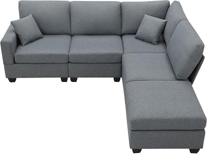 89.8" Modern Sectional Sofa with Convertible Ottoman and 2 Pillows,L-Shape Linen Fabric Corner Couch 5 Set W/Back & Cushion,can Hold up to 330 Lbs,for Apartment,Living Room,Dark Grey - LeafyLoom