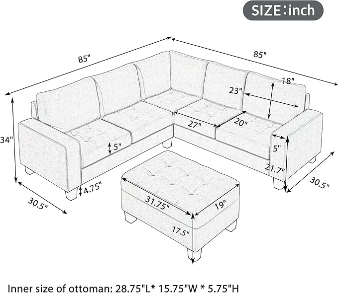 L Shaped Sectional Sofa with Storage Ottoman & Cup Holders Chaise, Comfy Linen Couch, Modular Sofa&Couches for Living Room Large Space Dorm Apartment, Brown CupHolders - LeafyLoom