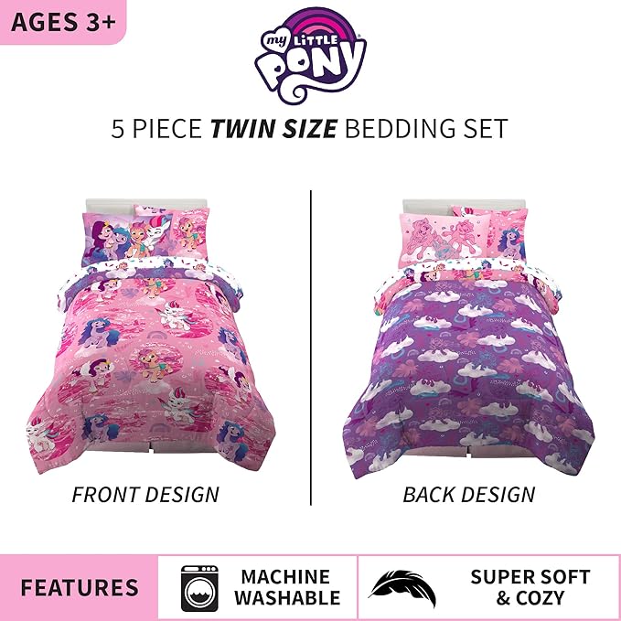 Franco Kids Bedding Super Soft Comforter and Sheet Set with Sham, 5 Piece Twin Size, My Little Pony - LeafyLoom