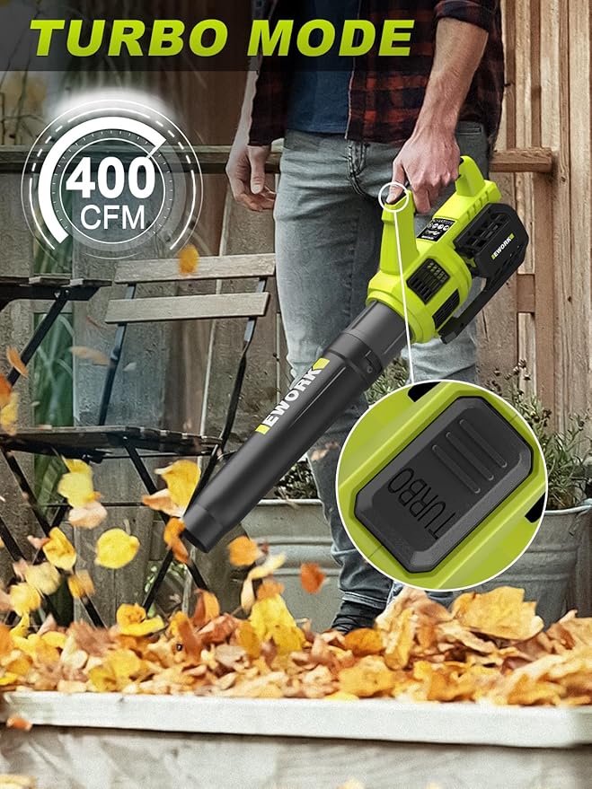 EWORK Cordless Leaf Blower with (2) 3.0Ah Battery and Fast Charger - 400CFM 21V Electric Leaf Blower Cordless, Variable Speed and Turbo Mode - Battery Powered Leaf Blowers for Lawn Care, Yard - LeafyLoom