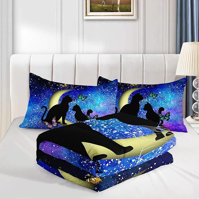 Black Cat Bedding Cartoon Cat Comforter Set Full,Butterflies Moon Printed Kids Bedding Set for Kids Boys Girls Adults Teens,Kids Comforter Set All Season,1 Quilt 2 Pillow Cases,Blue - LeafyLoom