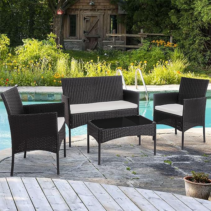 Shintenchi 4 Piece Outdoor Patio Furniture Sets, Small Wicker Patio Conversation Furniture Rattan Chair Set with Tempered Glass Coffee Table for Backyard Porch Garden Poolside Balcony - LeafyLoom